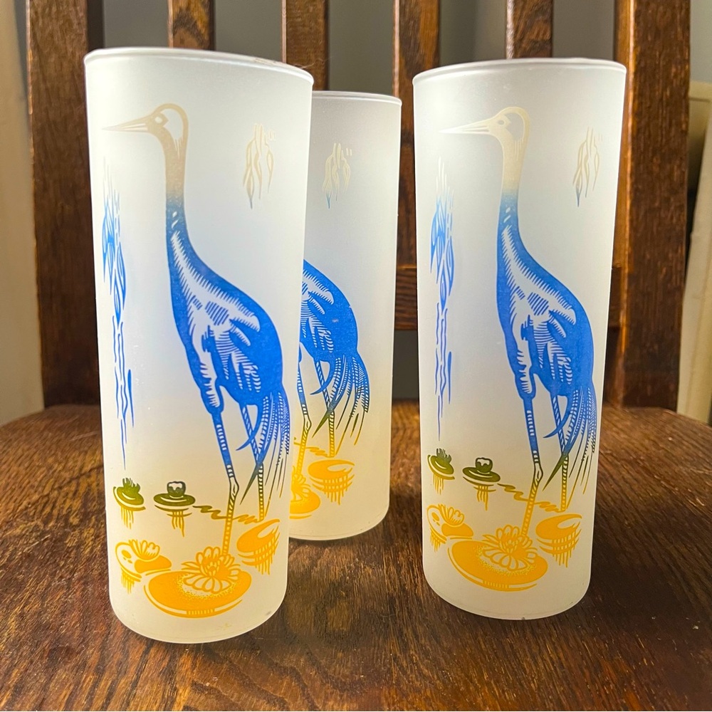 Vintage Frosted Glass Highball Glasses Crane Set of 3